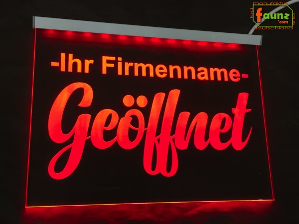 LED Hinweisschild "Geöffnet + Firmenname" | Acrylglas Leuchtschild