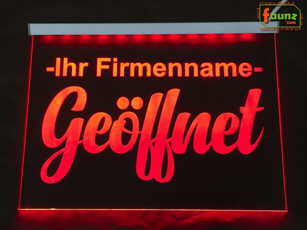LED Hinweisschild "Geöffnet + Firmenname" | Acrylglas Leuchtschild