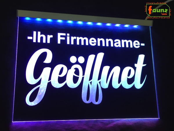 LED Hinweisschild "Geöffnet + Firmenname" | Acrylglas Leuchtschild