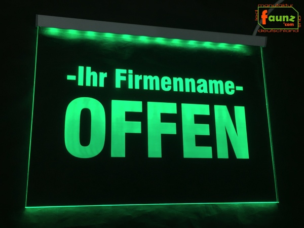 LED Hinweisschild "Offen + Firmenname" | Acrylglas Leuchtschild