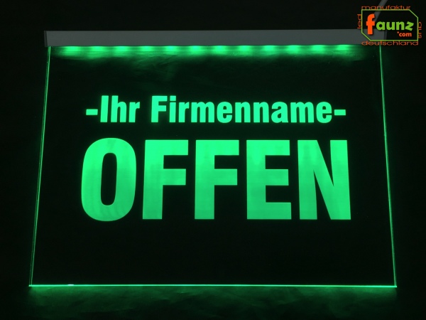 LED Hinweisschild "Offen + Firmenname" | Acrylglas Leuchtschild