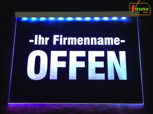 LED Hinweisschild "Offen + Firmenname" | Acrylglas Leuchtschild