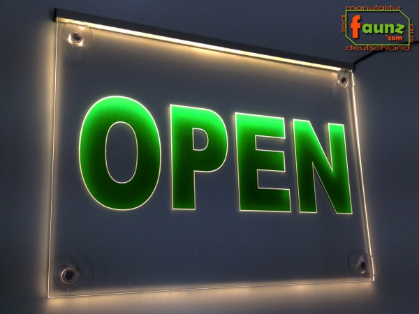 LED Hinweisschild Gravur “Open" Info-Schild Signalschild Werbeschild Leuchtschild