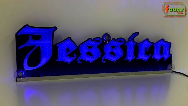 LED Namensschild Gravur "Jassica" oder Wunschname in Frakturschrift Altdeutsch als Konturschnitt - Truckerschild Neonschild Leuchtschild
