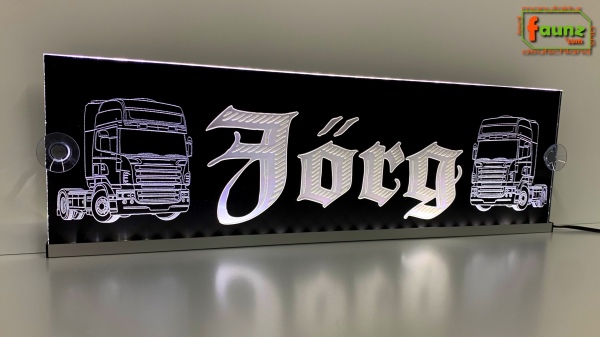 "LED Namensschild Detailzeichnung Zugmaschine Gravur ""Jörg"" oder Wunschname in Frakturschrift Altdeutsch auf Rechteckplatte - Truckerschild Neonschild Leuchtschild"