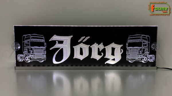 "LED Namensschild Detailzeichnung Zugmaschine Gravur ""Jörg"" oder Wunschname in Frakturschrift Altdeutsch auf Rechteckplatte - Truckerschild Neonschild Leuchtschild"