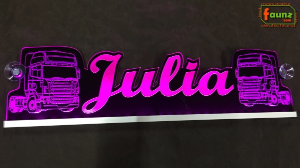 LED Namensschild Detailzeichnung Zugmaschine Gravur "Julia" oder Wunschname als Konturschnitt - Truckerschild Neonschild Leuchtschild