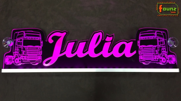 LED Namensschild Detailzeichnung Zugmaschine Gravur "Julia" oder Wunschname als Konturschnitt - Truckerschild Neonschild Leuchtschild