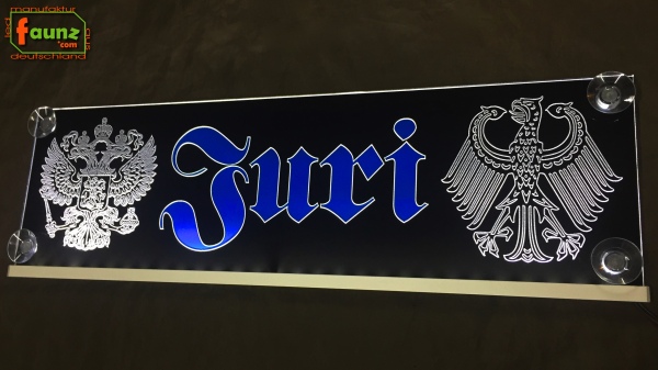 LED Namensschild Symbolik Adler Russland BRD Gravur "Juri" Altdeutsch oder Wunschname auf Rechteckplatte - Truckerschild Neonschild Leuchtschild