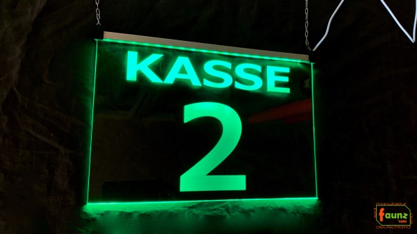 LED Kassenschild Aufhänger 2er Set "KASSE 1 - 2" Preisvorteil Hängeschild Kassenbeschilderung Nummer Leuchtschild mit Farbsteuerung direkte Anbindung Kassensystem