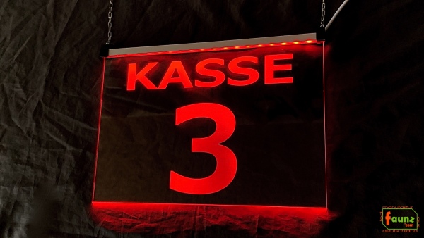 LED Kassenschild Aufhänger 3er Set "KASSE 1 - 3" Preisvorteil Hängeschild Kassenbeschilderung Nummer Leuchtschild mit Farbsteuerung per Schalter