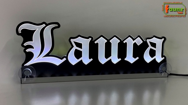 LED Namensschild Gravur "Laura" oder Wunschname in Frakturschrift Altdeutsch als Konturschnitt - Truckerschild Neonschild Leuchtschild