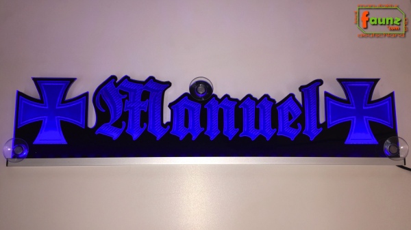 LED Namensschild Symbolik Eisernes Kreuz Gravur "Manuel" oder Wunschname als Konturschnitt - Truckerschild Neonschild Leuchtschild