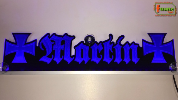 LED Namensschild Symbolik Eisernes Kreuz Gravur "Martin" oder Wunschname als Konturschnitt - Truckerschild Neonschild Leuchtschild