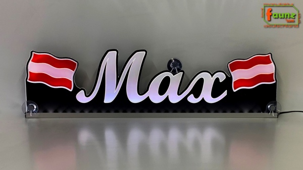 LED Namensschild Symbolik Flagge Österreich Gravur "Max" oder Wunschname + beliebige Fahne horizontal dreifarbig als Konturschnitt - Truckerschild Neonschild Leuchtschild