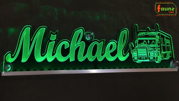 LED Namensschild Detailzeichnung Zirkustruck Gravur "Michael" oder Wunschname als Konturschnitt - Truckerschild Neonschild Leuchtschild