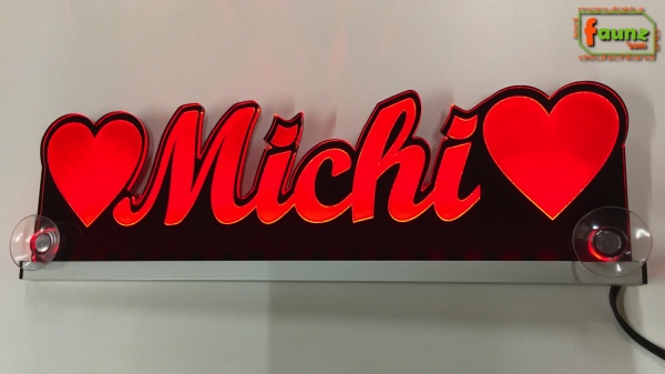 LED Namensschild Symbolik Herzen Gravur "Michi" oder Wunschname als Konturschnitt - Truckerschild Neonschild Leuchtschild