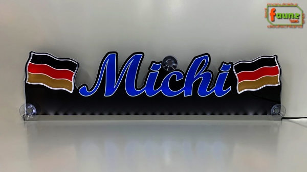 LED Namensschild Symbolik Flagge Deutschland BRD Gravur "Michi" oder Wunschname + beliebige Fahne horizontal dreifarbig als Konturschnitt - Truckerschild Neonschild Leuchtschild