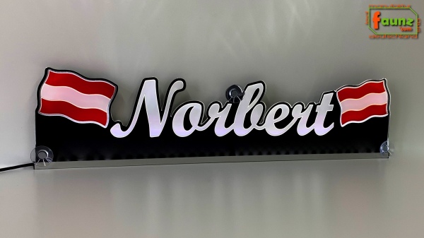 LED Namensschild Symbolik Flagge Österreich Gravur "Norbert" oder Wunschname + beliebige Fahne horizontal dreifarbig als Konturschnitt - Truckerschild Neonschild Leuchtschild