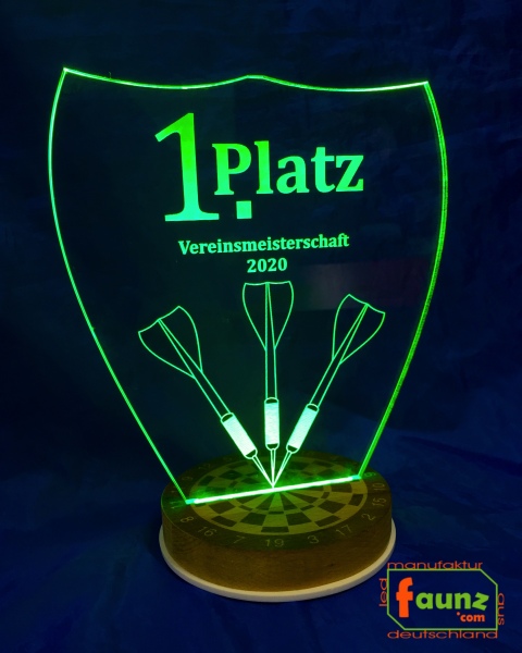 LED Pokal Auszeichnung Trophäe Vereinsmeisterschaft Aufsteller Acrylglas Gravur "Dart" mobil Akku Batterie betrieben USB aufladbar