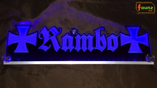 LED Namensschild Symbolik Gravur "Rambo" oder Wunschname als Konturschnitt - Truckerschild Neonschild Leuchtschild