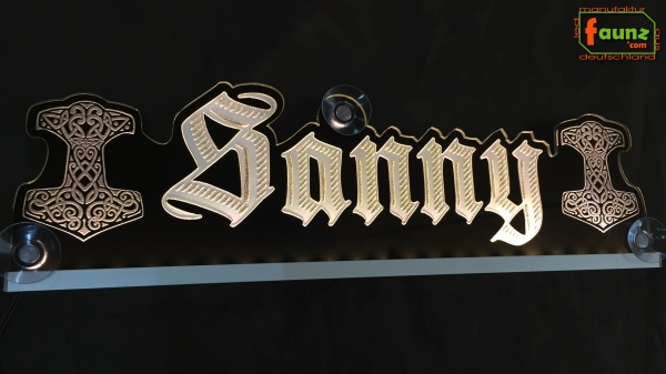 LED Namensschild Symbolik Mjölnir Thorshammer Gravur "Sanny" oder Wunschname als Konturschnitt - Truckerschild Neonschild Leuchtschild