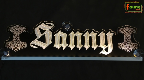 LED Namensschild Symbolik Mjölnir Thorshammer Gravur "Sanny" oder Wunschname als Konturschnitt - Truckerschild Neonschild Leuchtschild