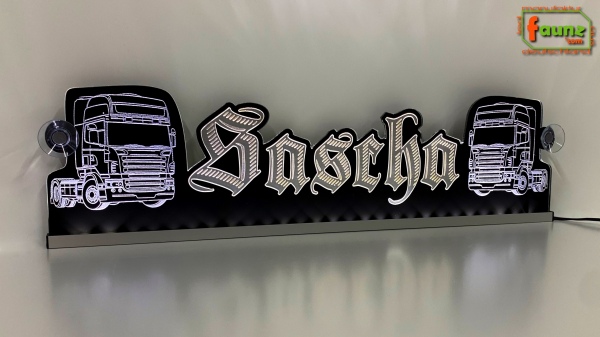 LED Namensschild Detailzeichnung Zugmaschine Gravur "Sascha" oder Wunschname in Frakturschrift Altdeutsch als Konturschnitt - Truckerschild Neonschild Leuchtschild