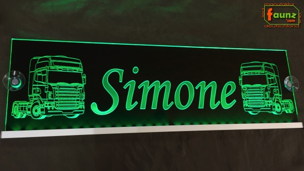LED Namensschild Detailzeichnung Zugmaschine Gravur "Simone" oder Wunschname auf Rechteckplatte - Truckerschild Neonschild Leuchtschild