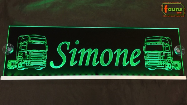 LED Namensschild Detailzeichnung Zugmaschine Gravur "Simone" oder Wunschname auf Rechteckplatte - Truckerschild Neonschild Leuchtschild