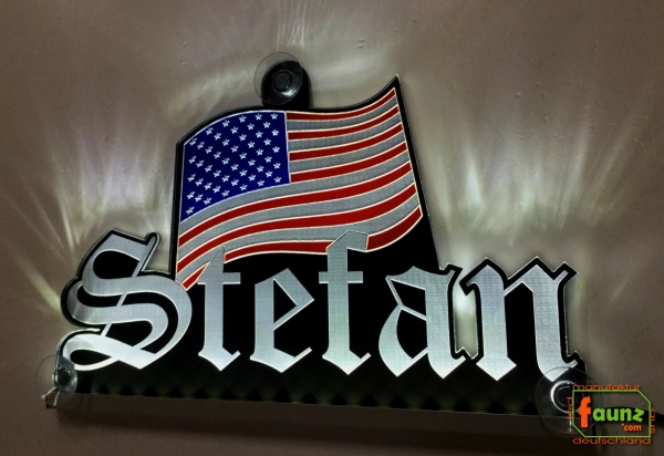 Ihr LED Wunschname "Stefan + US Flagge" Namensschild Leuchtschild Truckerschild