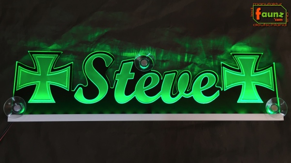 LED Namensschild Symbolik Eisernes Kreuz Gravur "Steve" oder Wunschname als Konturschnitt - Truckerschild Neonschild Leuchtschild