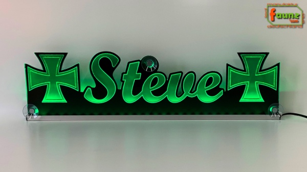 LED Namensschild Symbolik Eisernes Kreuz Gravur "Steve" oder Wunschname als Konturschnitt - Truckerschild Neonschild Leuchtschild