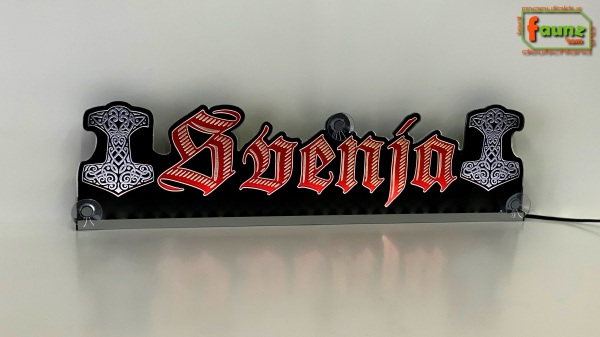 LED Namensschild Symbolik Mjölnir Thorshammer Gravur "Svenja" oder Wunschname in Frakturschrift Altdeutsch als Konturschnitt - Truckerschild Neonschild Leuchtschild