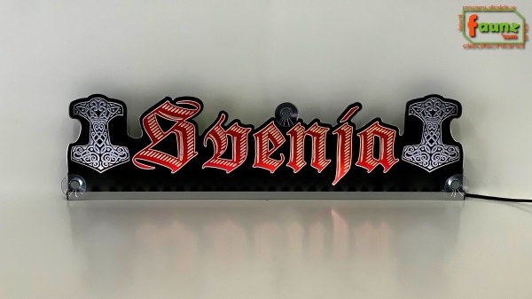 LED Namensschild Symbolik Mjölnir Thorshammer Gravur "Svenja" oder Wunschname in Frakturschrift Altdeutsch als Konturschnitt - Truckerschild Neonschild Leuchtschild