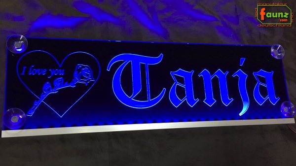 LED Namensschild Symbolik Herz "I Love You" Gravur "Tanja" oder Wunschname auf Rechteckplatte - Truckerschild Neonschild Leuchtschild - Kopie