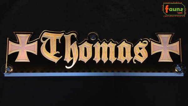LED Namensschild Symbolik Eisernes Kreuz Gravur "Thomas" oder Wunschname in Frakturschrift Altdeutsch als Konturschnitt - Truckerschild Neonschild Leuchtschild
