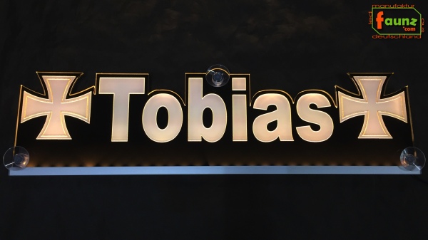 LED Namensschild Symbolik Eisernes Kreuz Gravur "Tobias" oder Wunschname als Konturschnitt - Truckerschild Neonschild Leuchtschild