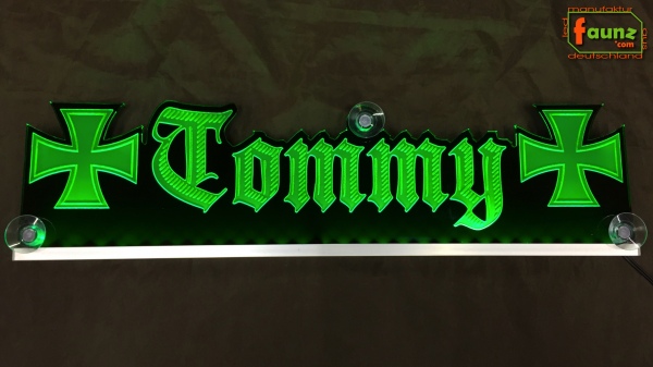 LED Namensschild Symbolik Eisernes Kreuz Gravur "Tommy" oder Wunschname als Konturschnitt - Truckerschild Neonschild Leuchtschild