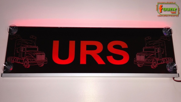LED Namensschild Detailzeichnung Amitruck Gravur "URS" oder Wunschname in Großbuchstaben auf Rechteckplatte - Truckerschild Neonschild Leuchtschild