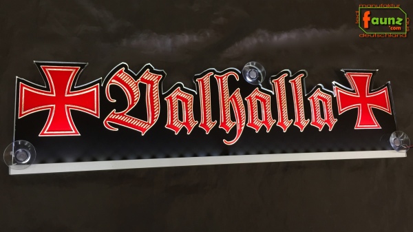 LED Namensschild Symbolik Eisernes Kreuz Gravur "Valhalla" oder Wunschname als Konturschnitt - Truckerschild Neonschild Leuchtschild