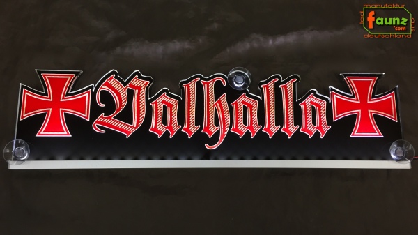 LED Namensschild Symbolik Eisernes Kreuz Gravur "Valhalla" oder Wunschname als Konturschnitt - Truckerschild Neonschild Leuchtschild