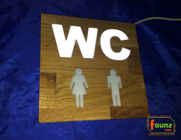 Holz - LED WC-Schild quadratisch "WC mit Piktogramm + getrennte Farbsteuerung Symbolik"  LED Toilettenschild - LED WC Schild