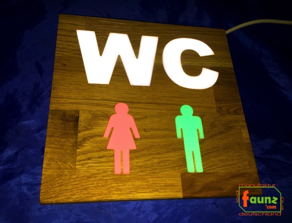 Holz - LED WC-Schild quadratisch "WC mit Piktogramm + getrennte Farbsteuerung Symbolik"  LED Toilettenschild - LED WC Schild