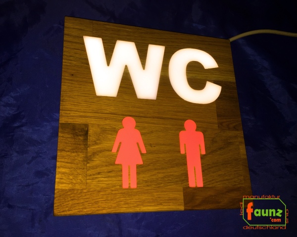 Holz - LED WC-Schild quadratisch "WC mit Piktogramm + getrennte Farbsteuerung Symbolik"  LED Toilettenschild - LED WC Schild