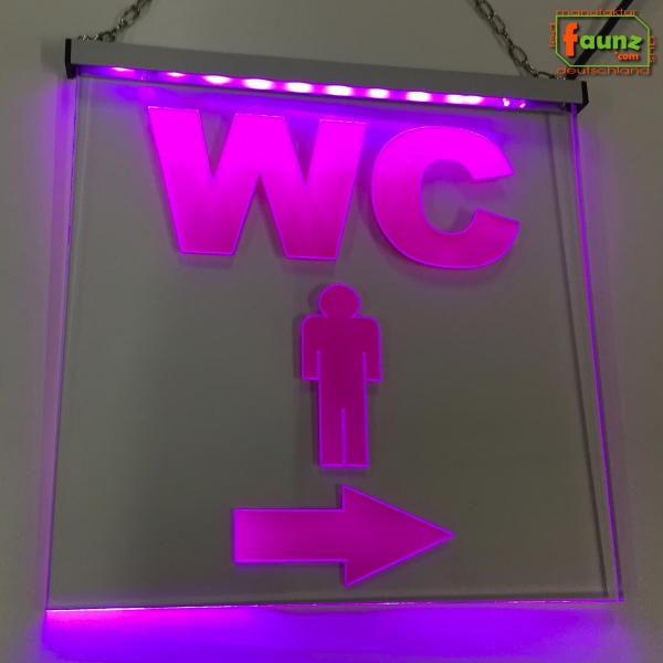 LED WC-Schild quadratisch "WC Herren Männer männlich + beliebiger Pfeil" (Klosett Örtchen Toilette) Toilettenschild Hinweisschild Wegweiser Leuchtschild