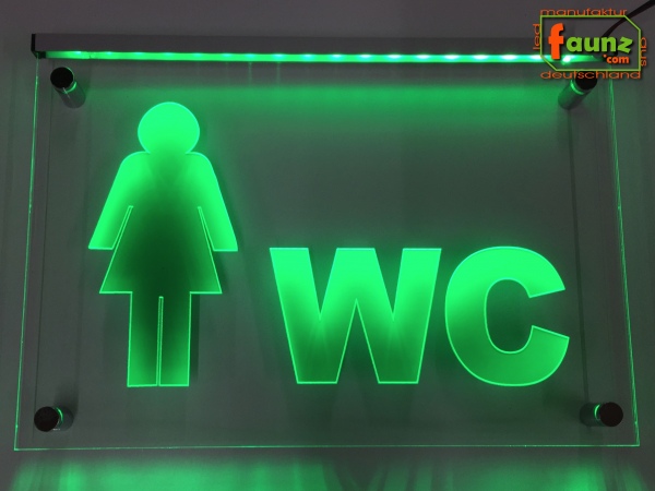 LED WC Schild "WC + Symbolik Frau" (Klosett Örtchen Toilette) Toilettenschild Wegweiser Leuchtschild
