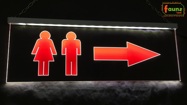 LED WC-Schild schmal "WC m/w + Pfeil n. rechts" (Klosett Örtchen Toilette) Toilettenschild Hinweisschild Wegweiser Leuchtschild