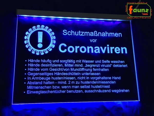 LED Leuchtschild Gesundheitswesen Medizin Sanität Gravur "Schutzmaßnahmen vor Coronaviren" Infektion Hygiene Hinweisschild Signalschild Warnschild Warnzeichen
