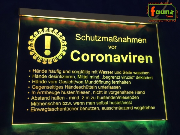 LED Leuchtschild Gesundheitswesen Medizin Sanität Gravur "Schutzmaßnahmen vor Coronaviren" Infektion Hygiene Hinweisschild Signalschild Warnschild Warnzeichen